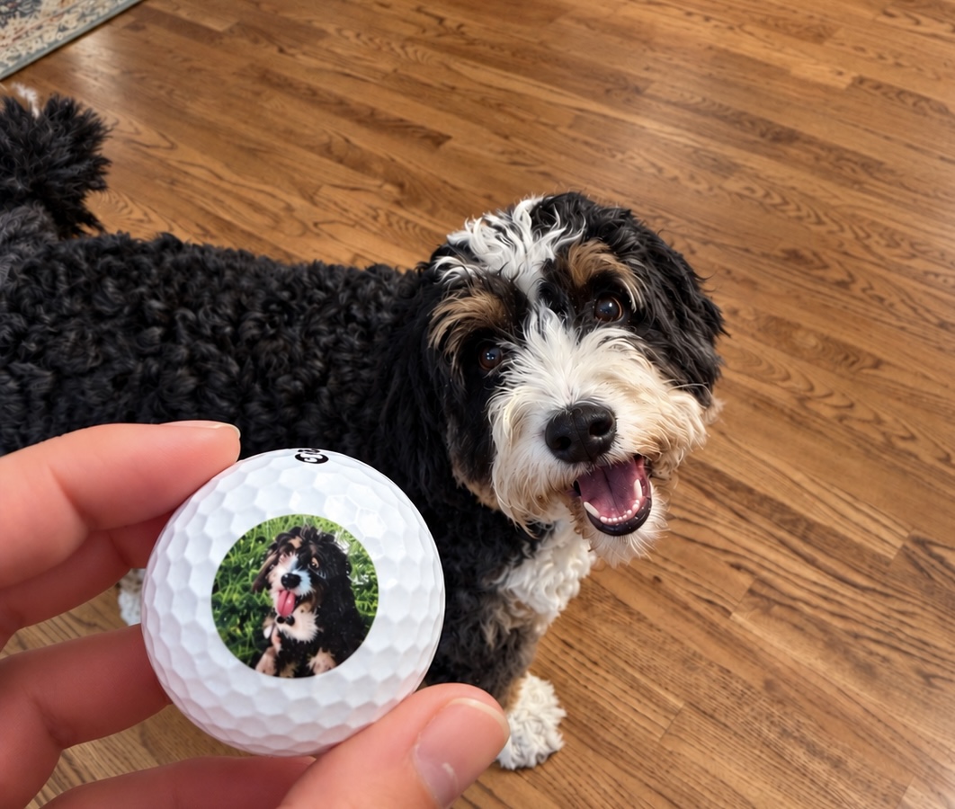Custom golf ball printed with a photo of a dog, held next to the dog
