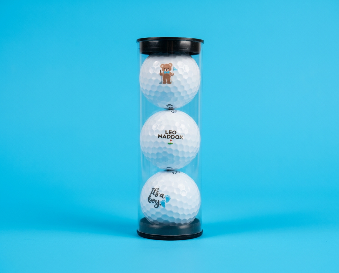 Three custom golf balls in an acrylic display tube
