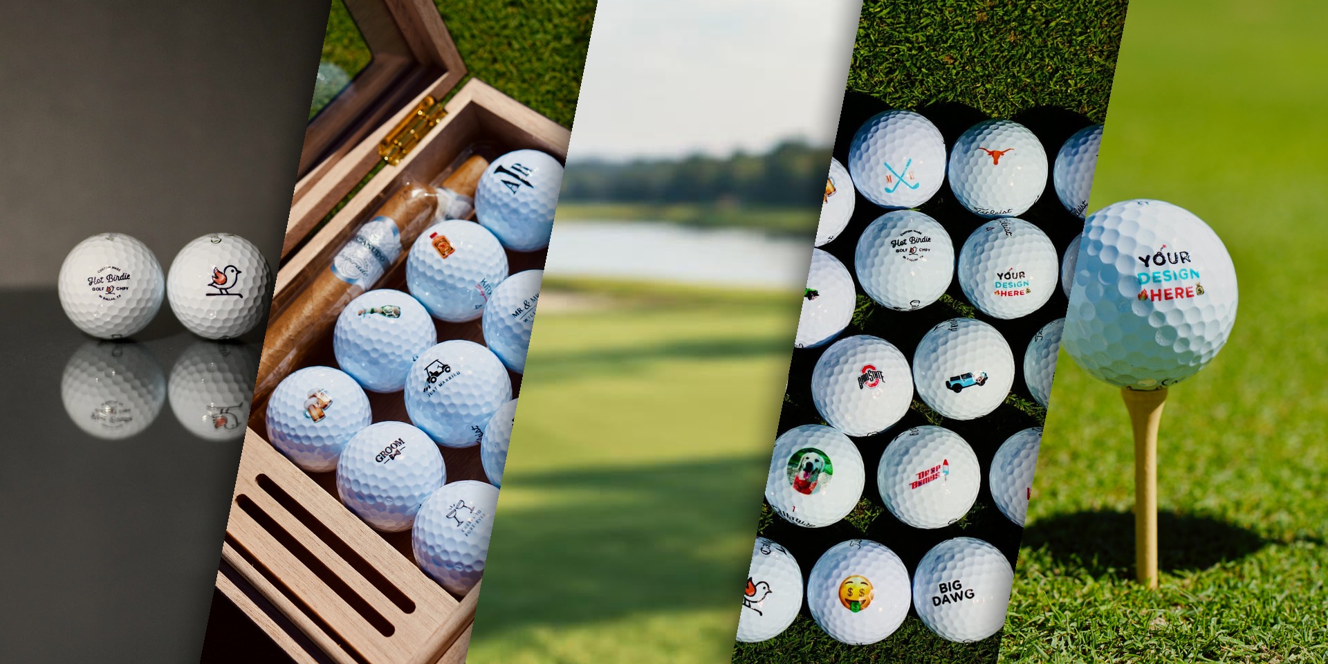 A collage of custom golf balls, premium golf gifts, and accessories